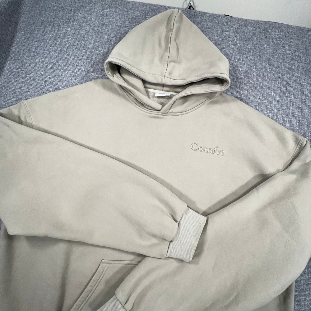 Comfrt Minimalist Hoodie Mega Fit Size 3XL Beige Pullover Fleece Oversized Cozy